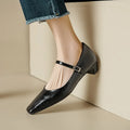 Women's low-cut shoes with square toe, 3cm chunky heel, buckle closure, genuine leather upper, colour hawksbill