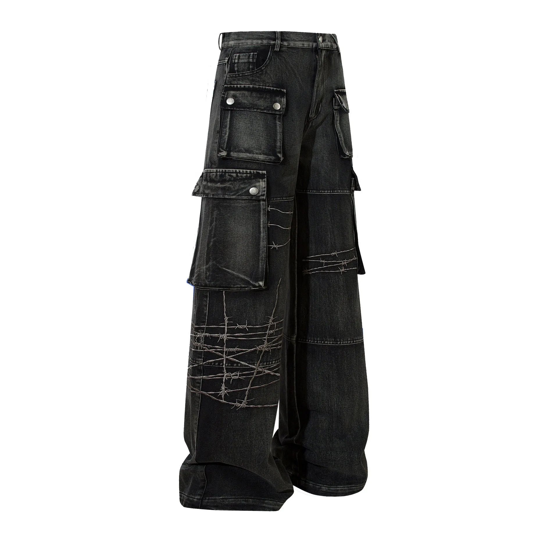 Black men's cotton wide-leg loose-fit trousers with embroidery on a mannequin.