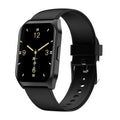Black smartwatch with a 1.69-inch screen and silicone strap on a wrist, displaying a heart rate graph.