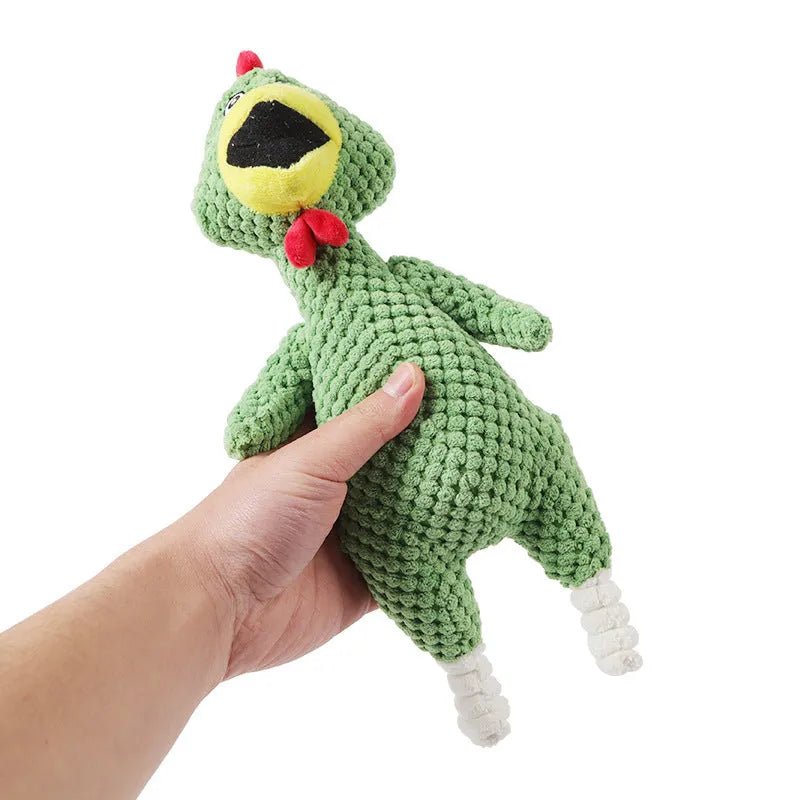 Pink pineapple velvet screaming chicken dog toy with squeaker, 35cm long, on white background
