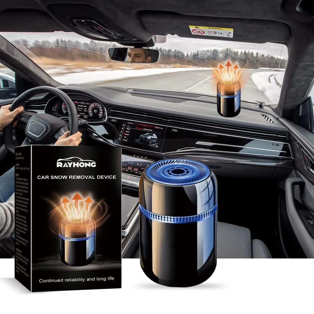 Compact 5.6 by 6.8 cm car windshield defrosting tool with power switch for heat and moisture release.