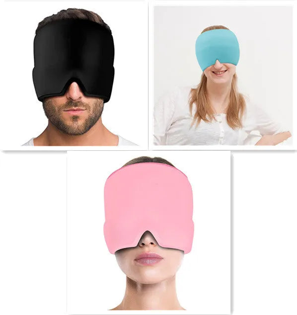 Black reusable ice gel headache relief eye mask on a white background.