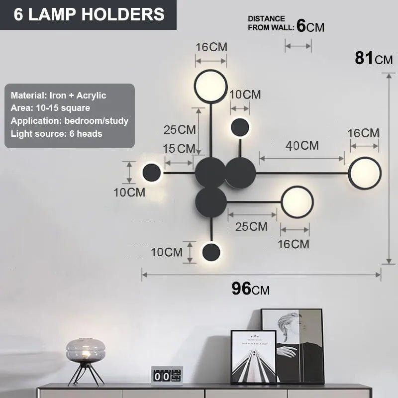 Contracted bedroom wall lamp iron acrylic 6-head 54W 96.5cm wide mounted on wall in black finish