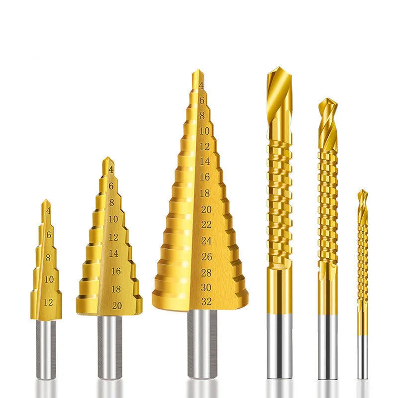 High speed steel cone drill bit and centre punch set with multiple step drill sizes for metalworking