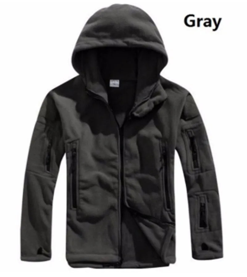 Men's military winter thermal fleece tactical jacket in khaki with multiple pockets on a model