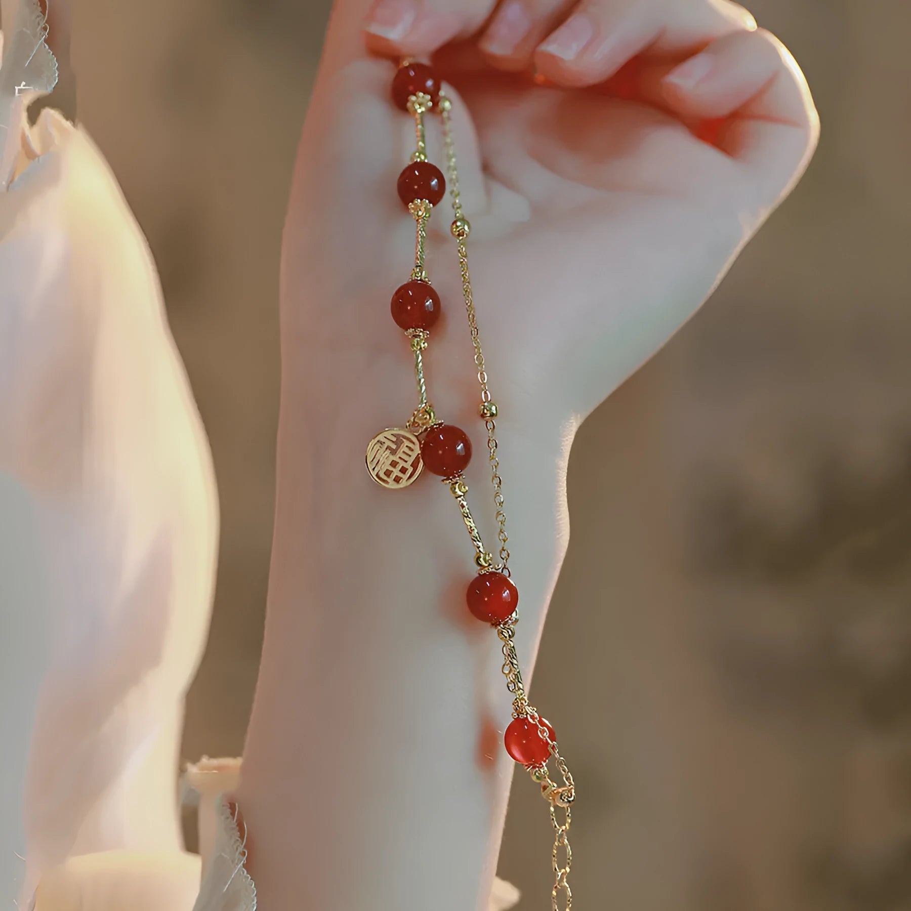 Red agate and alloy double-layer women's bracelet with red horse blessing card charm in gift box