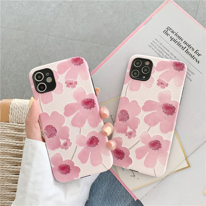 Pink flower phone case for iPhone with Japanese Korean design and soft rubber protective shell