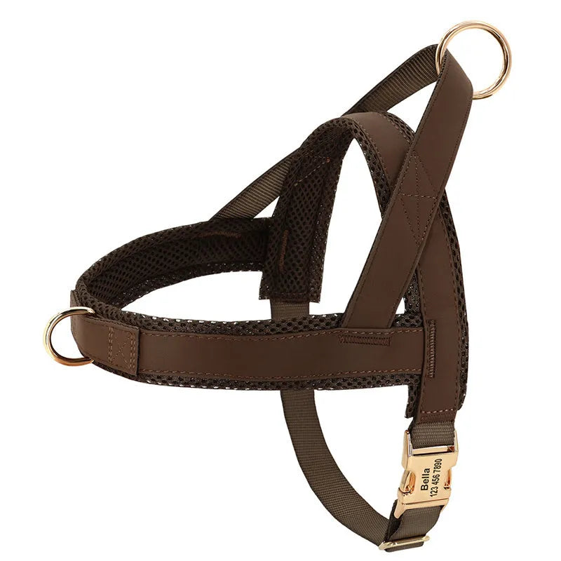 Large dog vest chest harness with lettering, adjustable straps, black colour, side view on dog