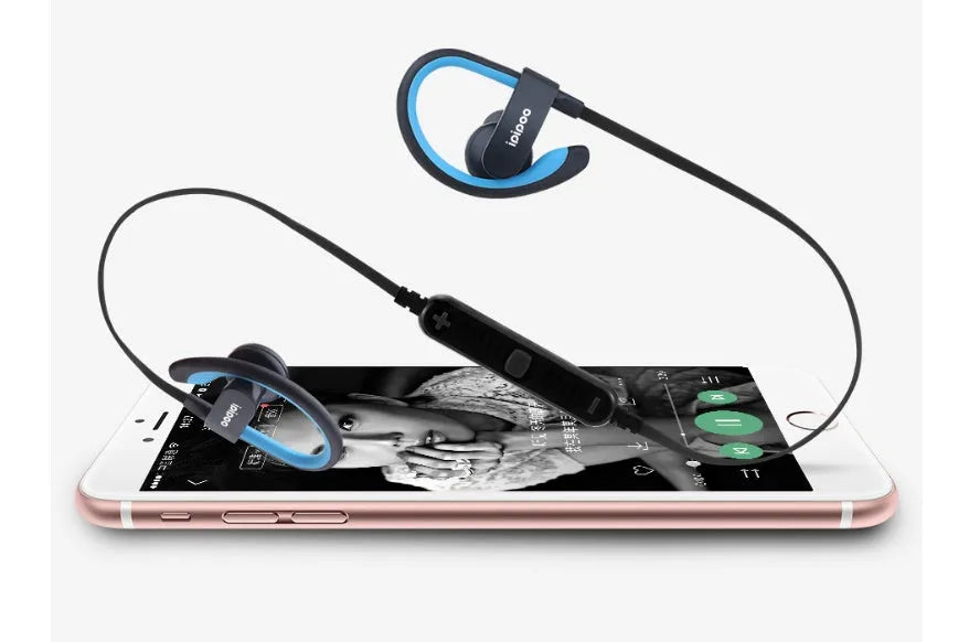 Wireless sports headphones in blue, grey, red, or yellow colours with earplug design.