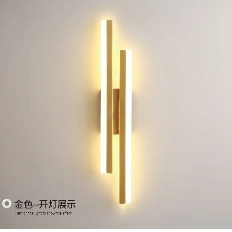 Modern minimalist Scandinavian LED wall light with acrylic shade in black or gold finish, shown in 48cm, 50cm, and 65cm sizes.