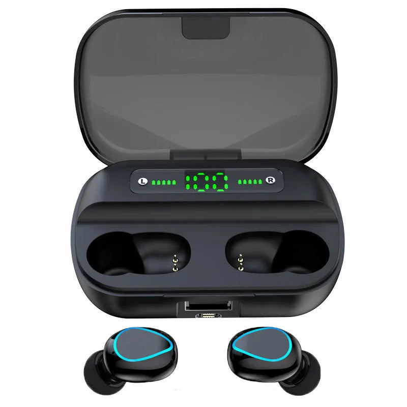 Black wireless Bluetooth 5.0 headset with earplug design for stereo sound and voice control
