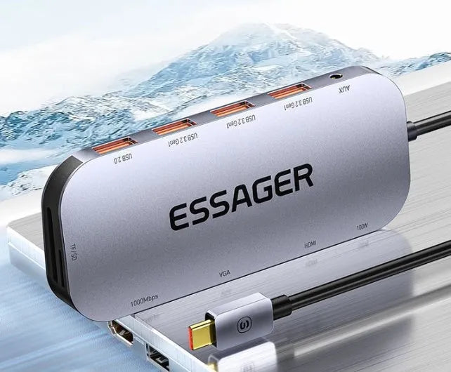 11-in-1 Type-C expansion docking station with Gigabit Ethernet port and a 20cm attached cable.