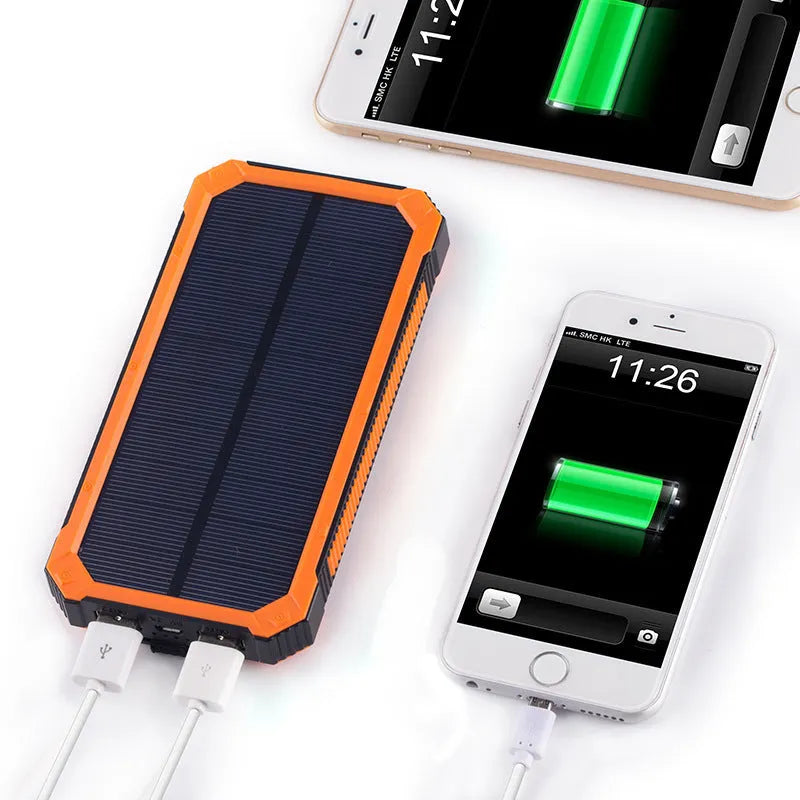 Solar power bank in orange, green, black, or yellow with display showing 6000, 8000, and 10000mAh capacity options.