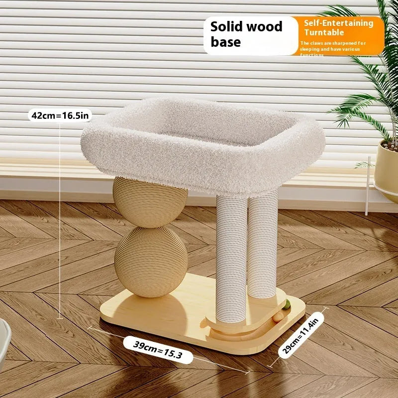 Pine wood cat bed with double columns and integrated grasping balls for scratching