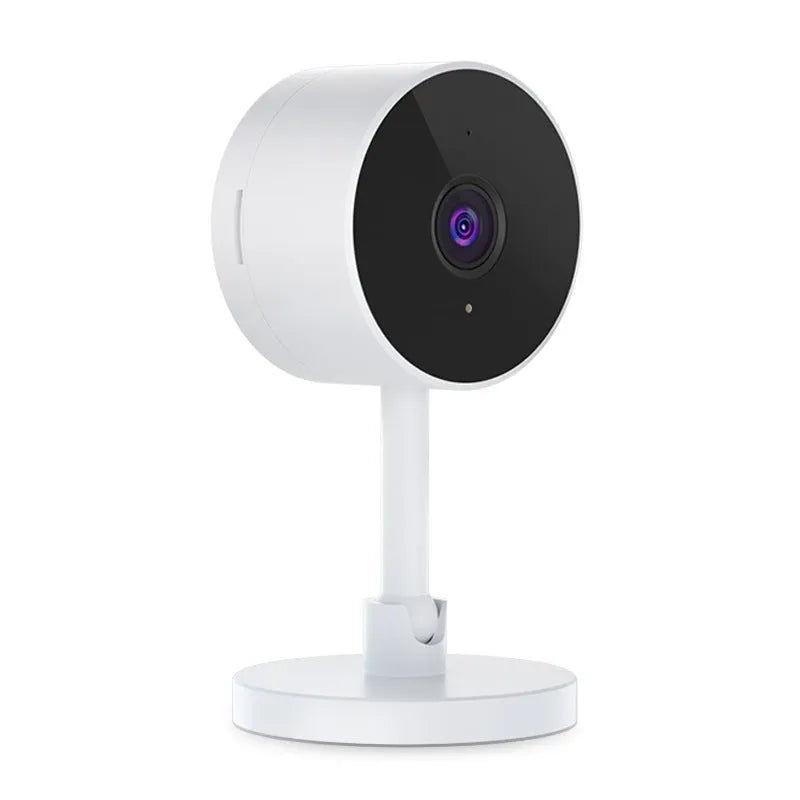 White WiFi security camera with gun-style design for home monitoring with microSD storage