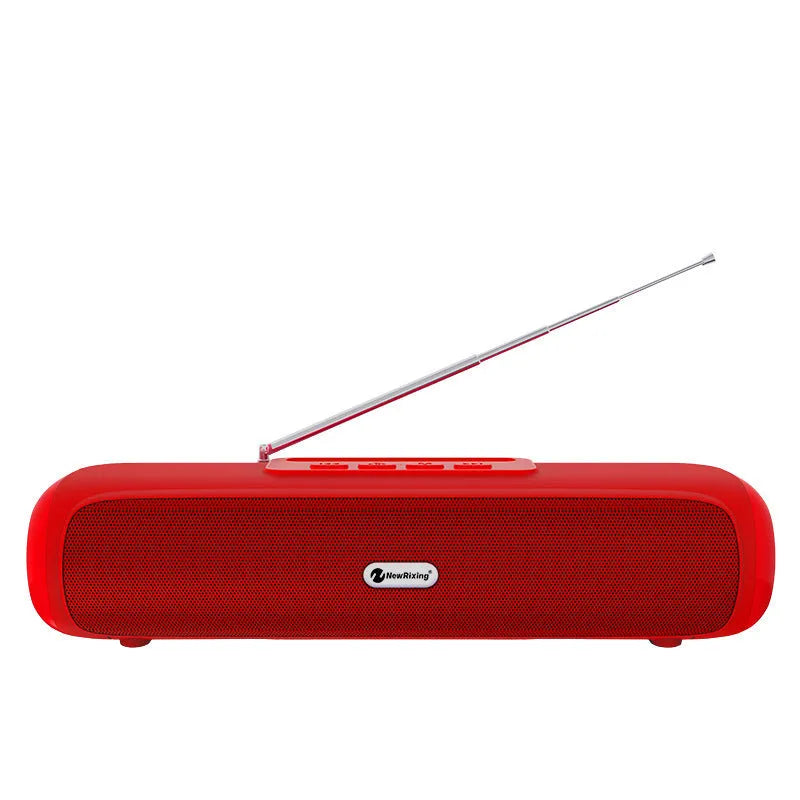 Desktop wireless long strip subwoofer speaker in black, blue, red, or silver grey colour.