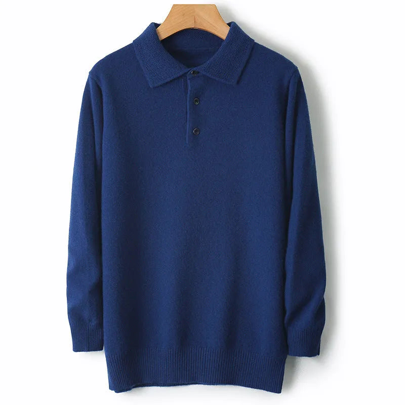 Men's grey wool pullover sweater with a polo collar and long sleeves on a hanger.