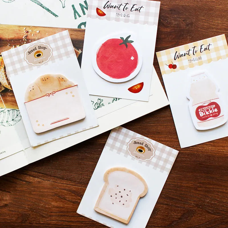 Food-themed pocket note paper cards in bread, tomato, and yoghurt colours, sized 85mm by 120mm.