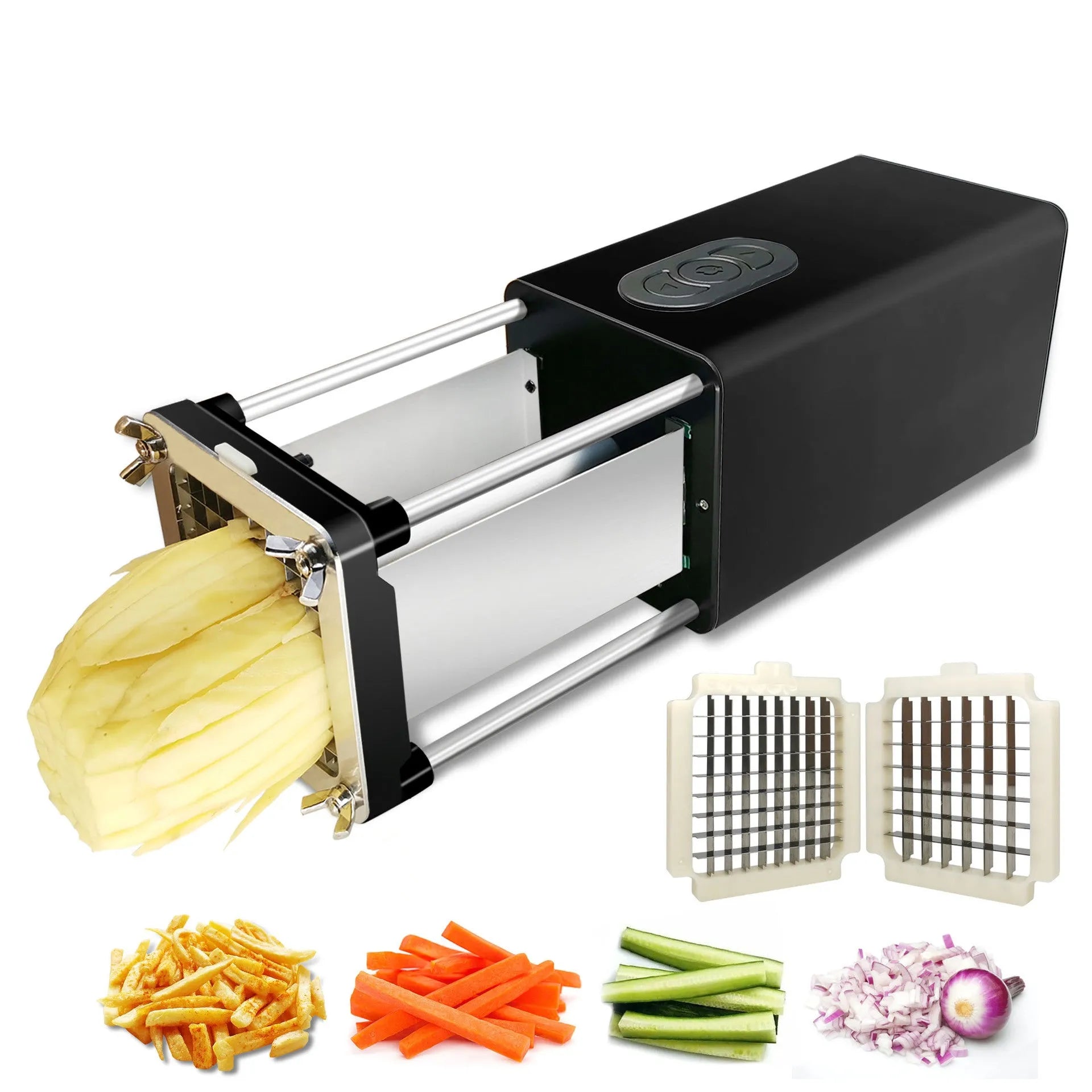 Black electric french fry cutter machine with stainless steel blades on a kitchen countertop.