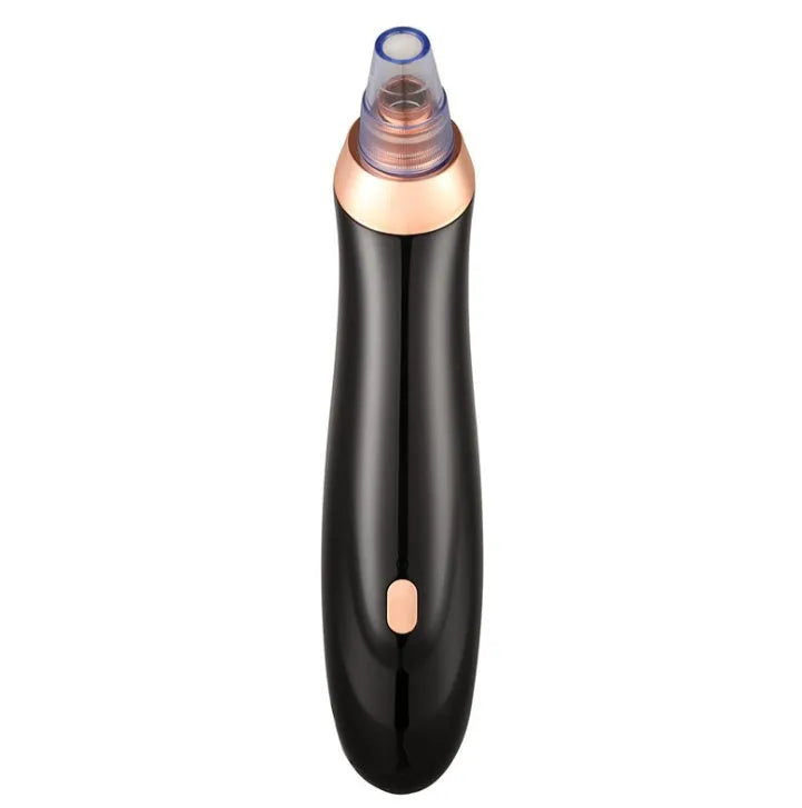 Black, gold, red, or white coloured electric blackhead removal tool with multiple nozzle tips