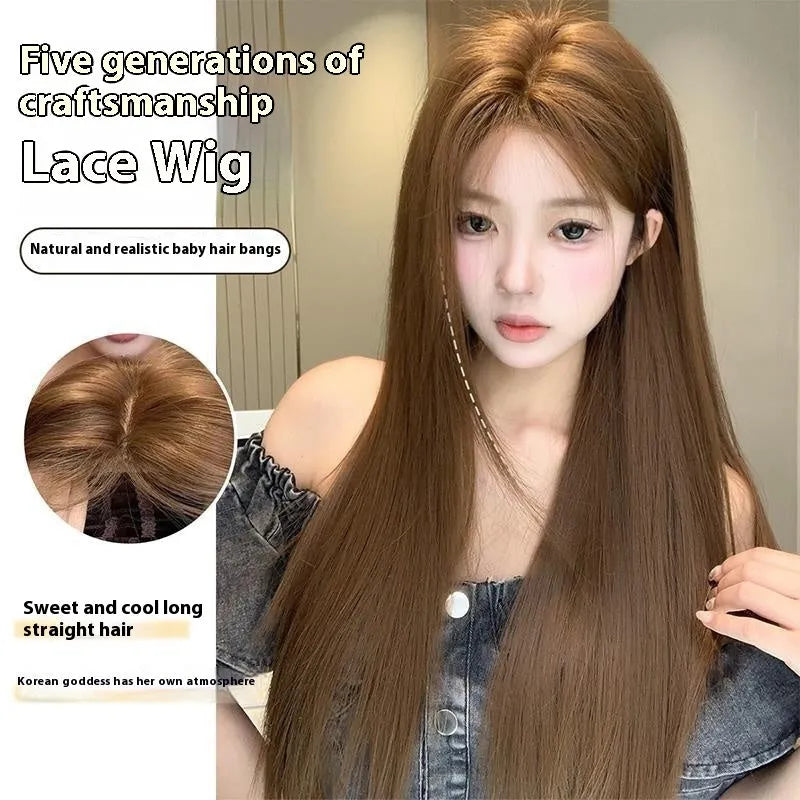 Warm brown long straight wig with centre-parted bangs and forehead lace construction