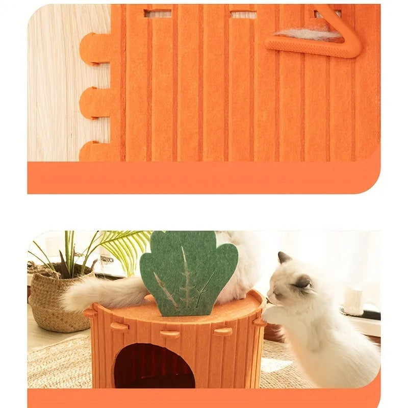 Carrot-shaped felt cat nest tunnel with semi-enclosed drilled design for feline privacy and comfort