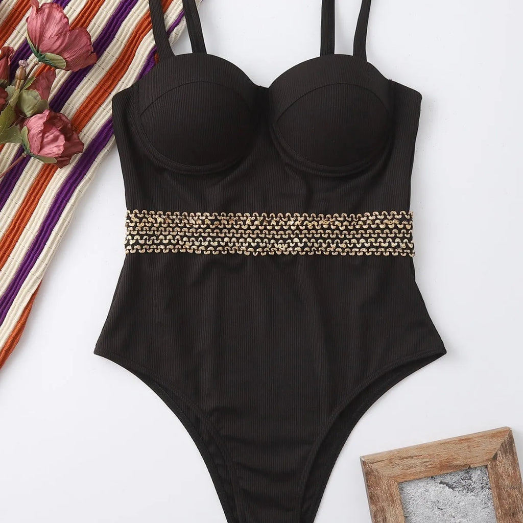 Black one-piece swimsuit for women with adjustable shoulder straps shown on mannequin