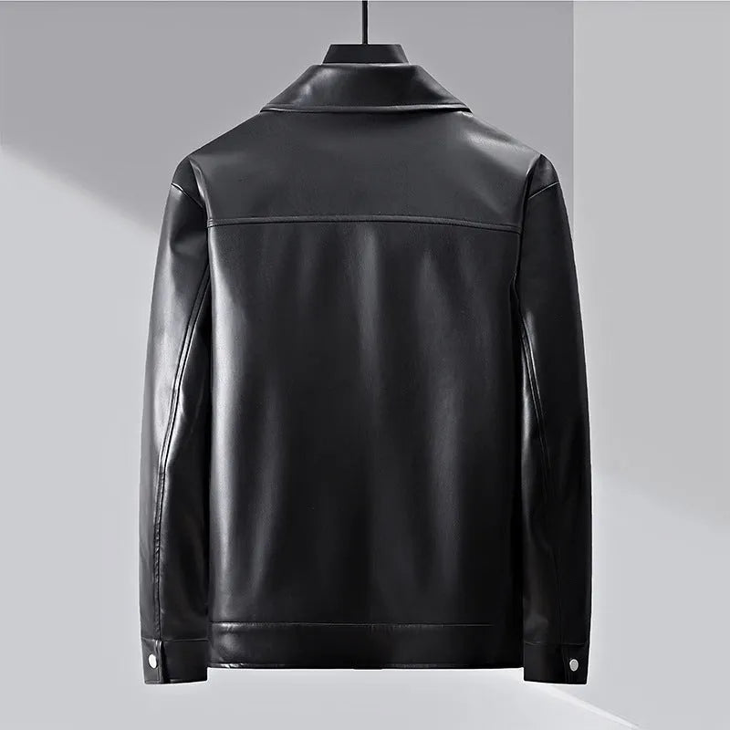 Men's lapel business casual jacket in black artificial leather loose fit with normal 50cm length