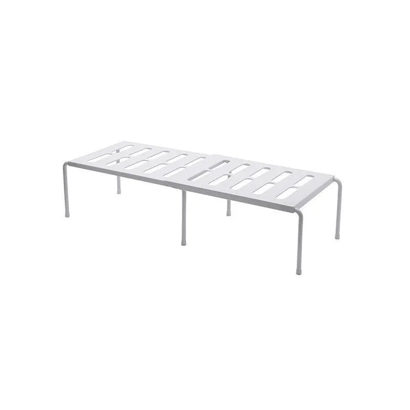White telescopic kitchen rack with adjustable height showing extended and compressed positions