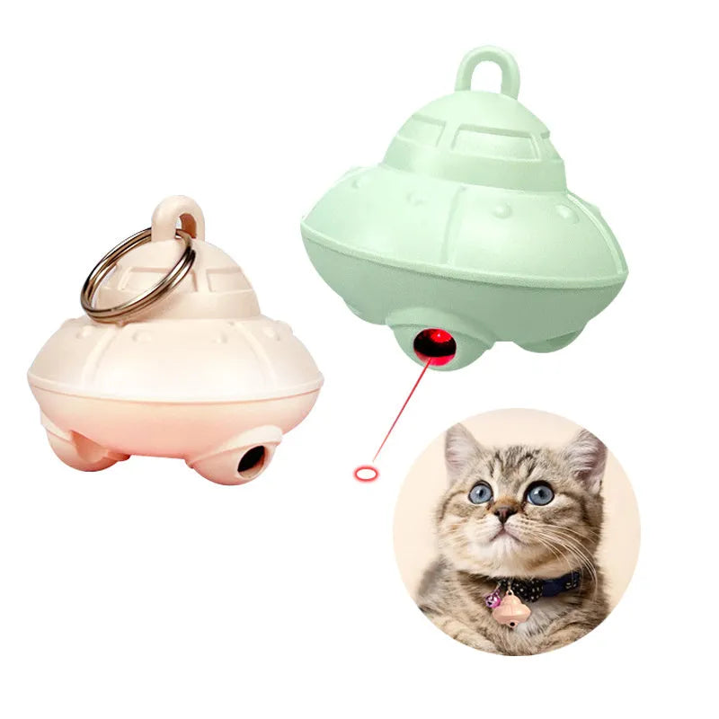 Green automatic cat laser toy attached to pet collar with USB charging port visible