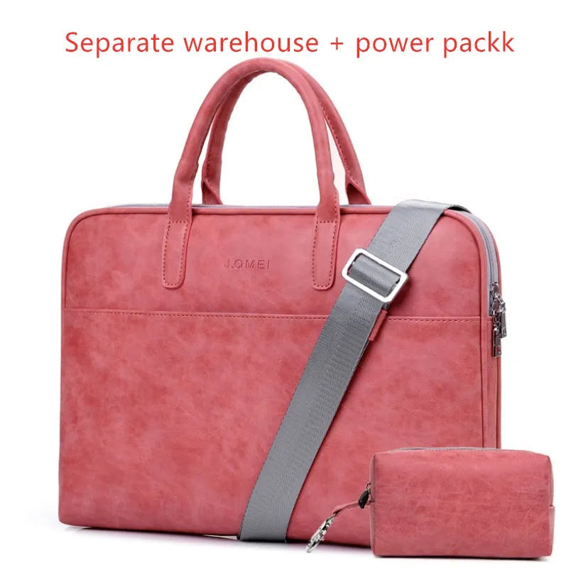Faux leather laptop bag for women in black with zipper closure, waterproof and shockproof, for 15.6 inch laptop