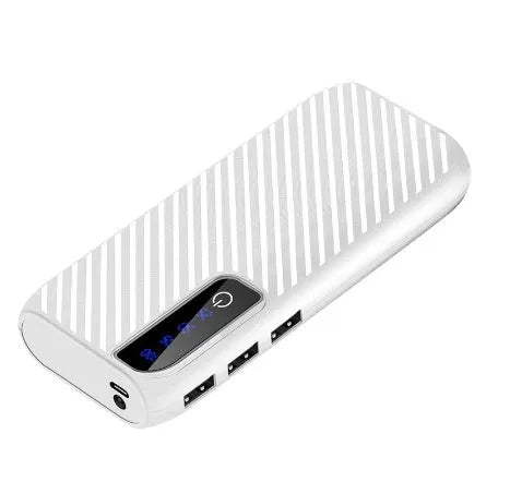 20000mAh portable power bank in black, blue, pink, or white with dual USB outputs