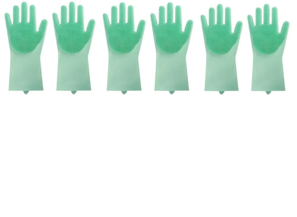 Blue silicone cleaning gloves with a textured sponge palm design for scrubbing.