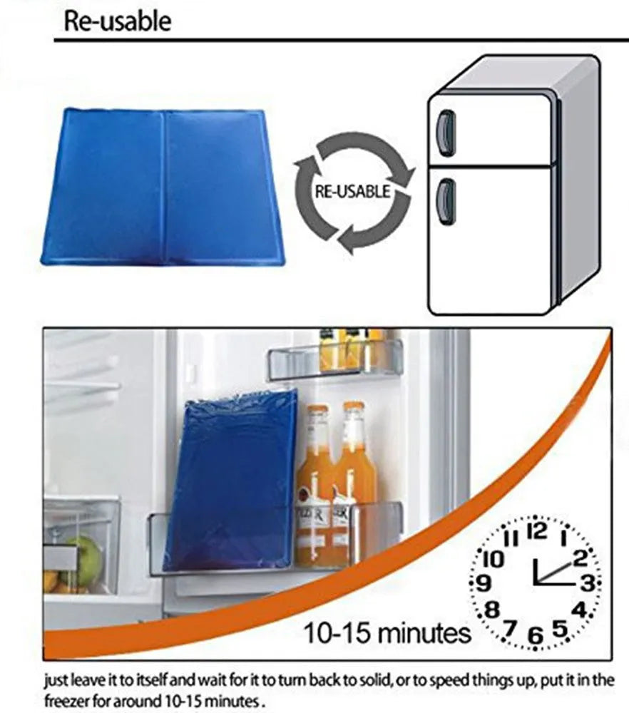 Blue dog cooling mat with ice crystal filling placed on a floor - pressure activated cooling pad for summer