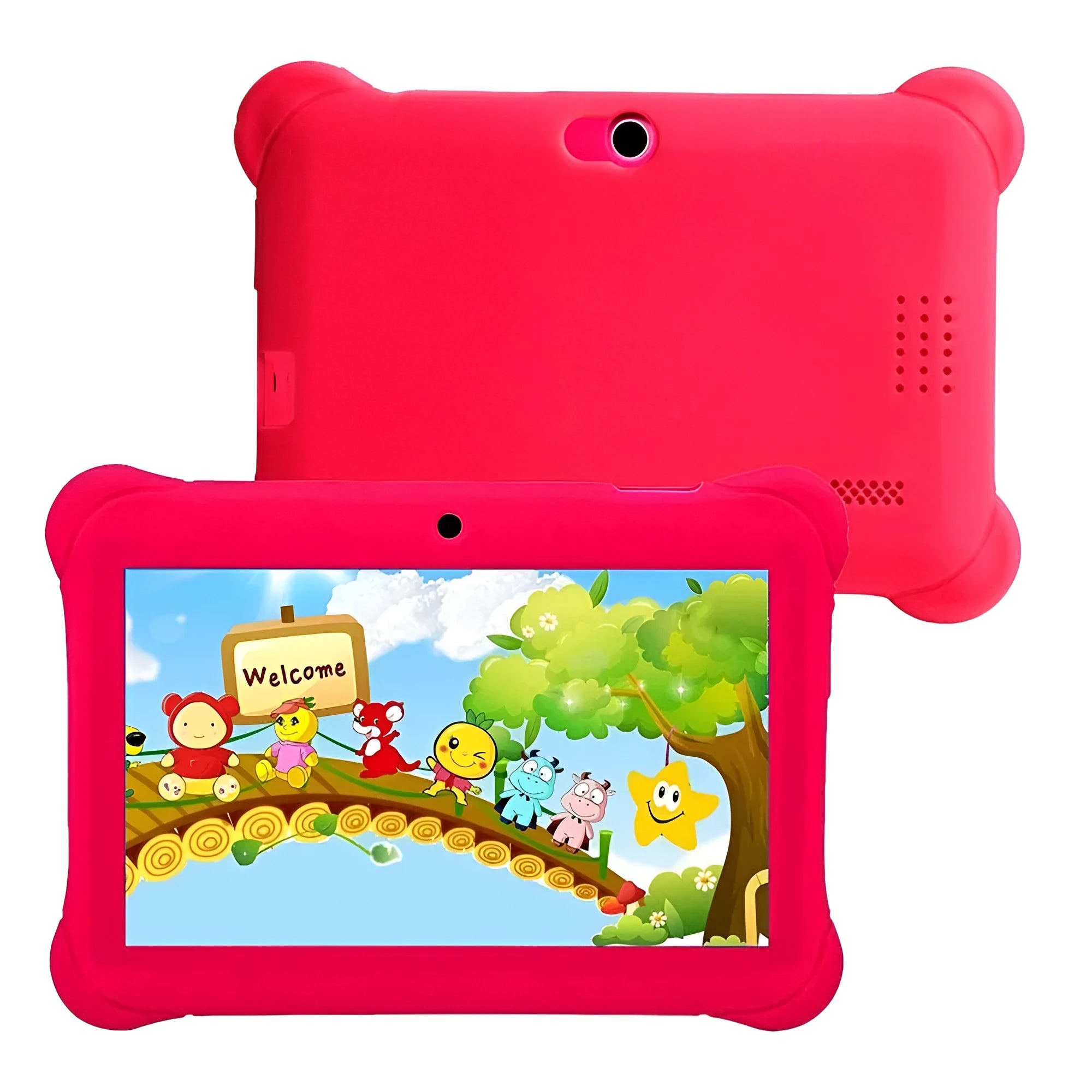 Children's tablet with 7-inch capacitive touch screen in black, showing front display and ABS plastic shell