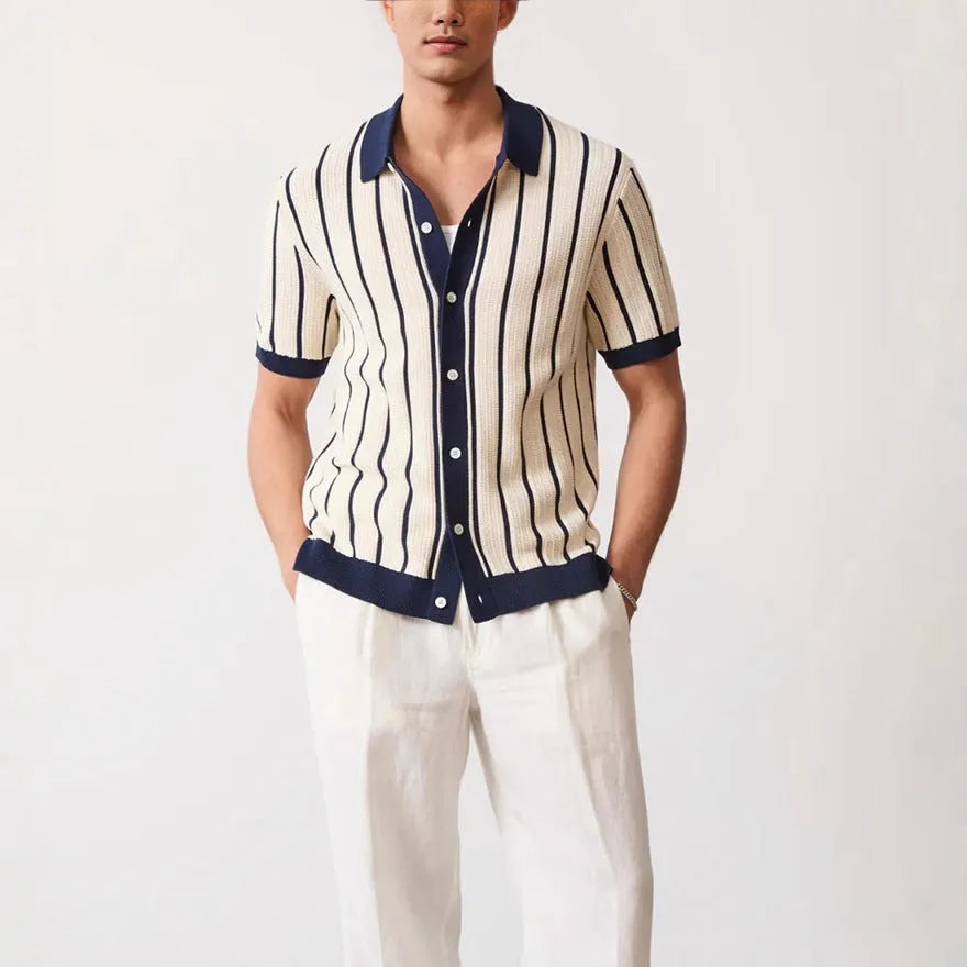 Men's white asymmetric lapel knitted polo shirt in ice silk fabric with spandex