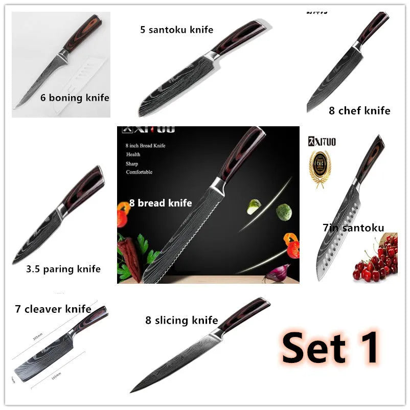 7Cr17 stainless steel kitchen knife with laser Damascus pattern blade and coloured wood handle