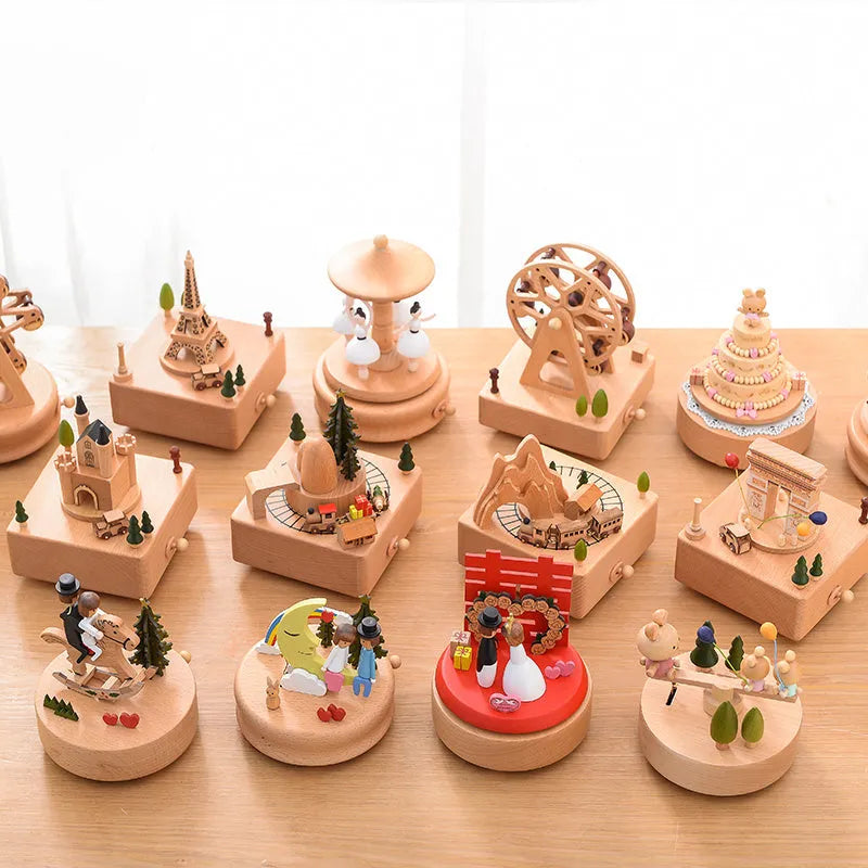 Wooden music box with rotating handle playing City of the Sky melody, European style table decoration