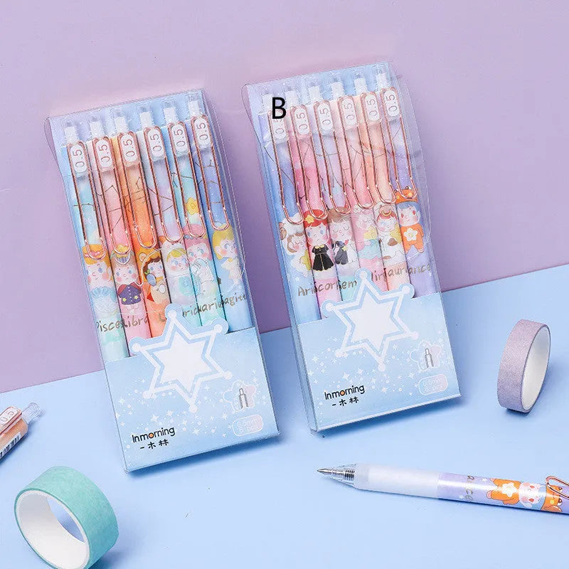 Six press gel pens with cartoon constellation designs, showing styles A and B.
