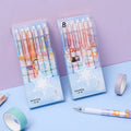 Six press gel pens with cartoon constellation designs, showing styles A and B.