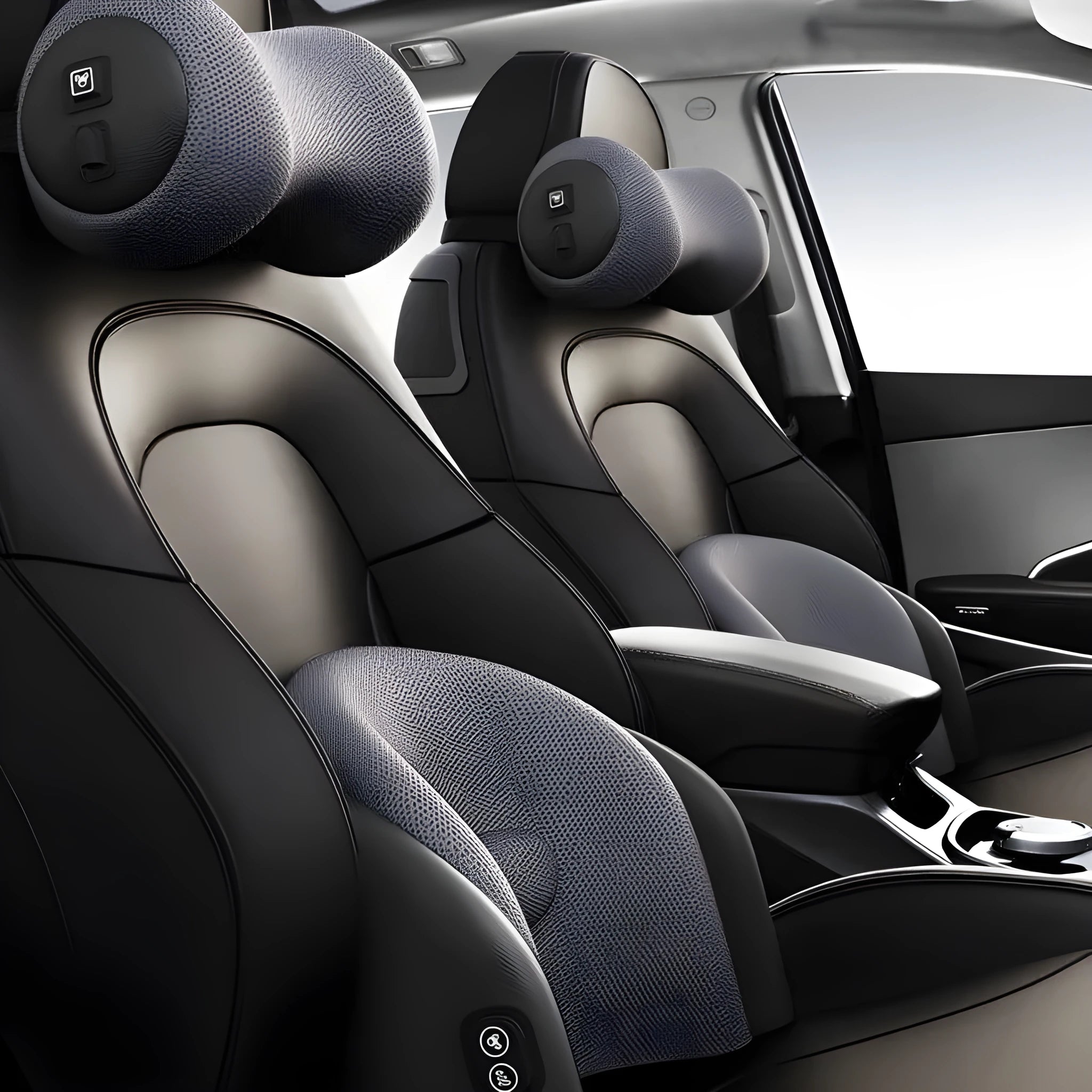 Car massage cushion with memory cotton in classic black colour showing headrest and lumbar support components