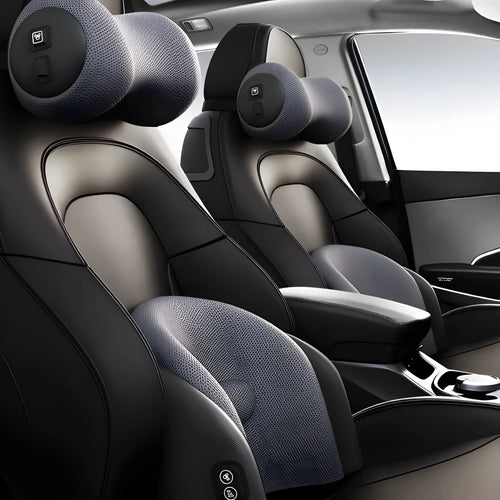 Car massage cushion with memory cotton in classic black colour showing headrest and lumbar support components