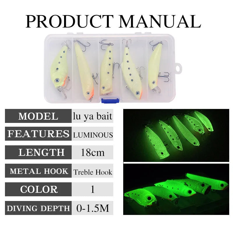 Set of 5 fluorescent hard bait fishing lures with luminous effect for predator angling