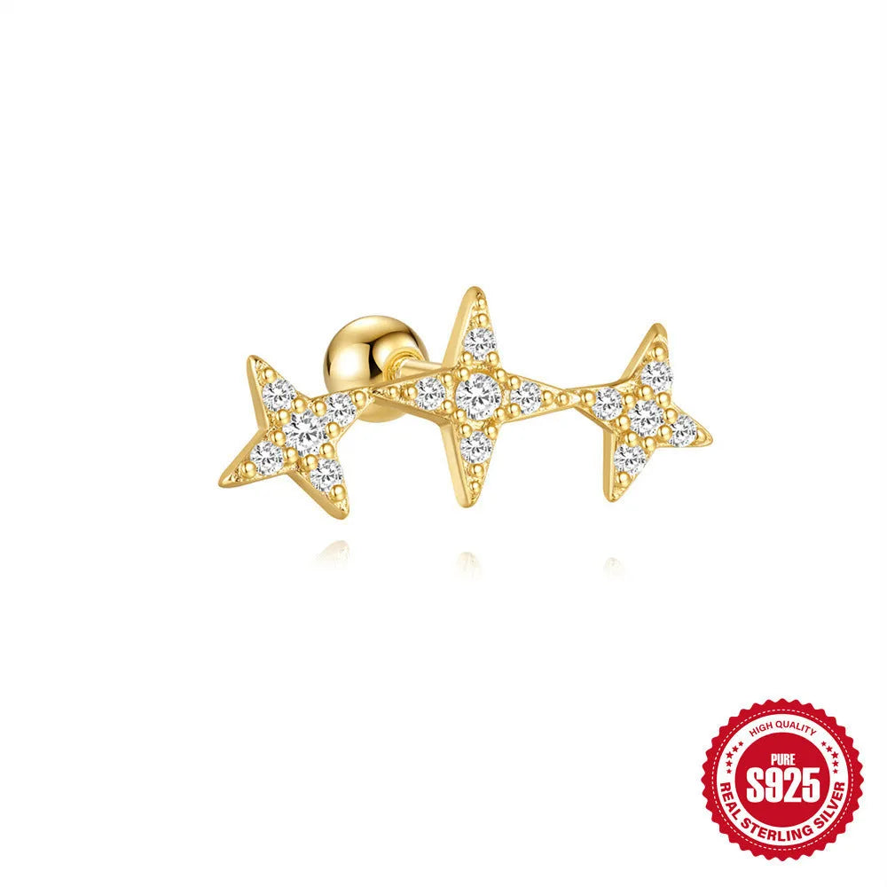 S925 sterling silver flower stud earrings with square gravel setting in golden electroplated finish