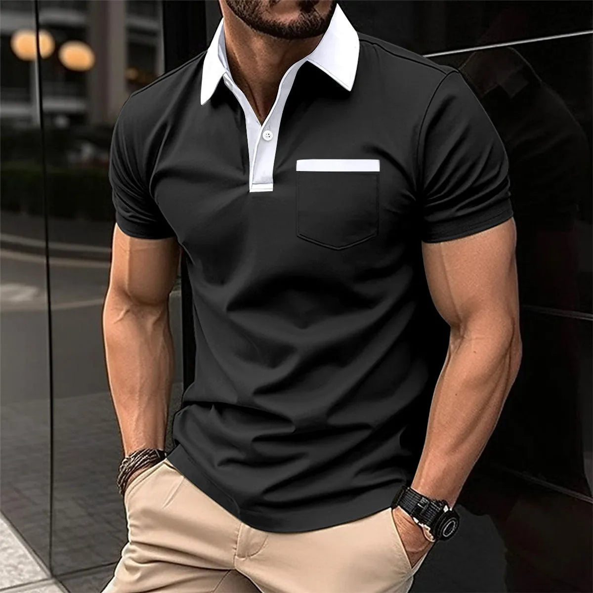 Men's lapel fashion slim pocket short-sleeved polo shirt in grey, cotton blend, loose fit