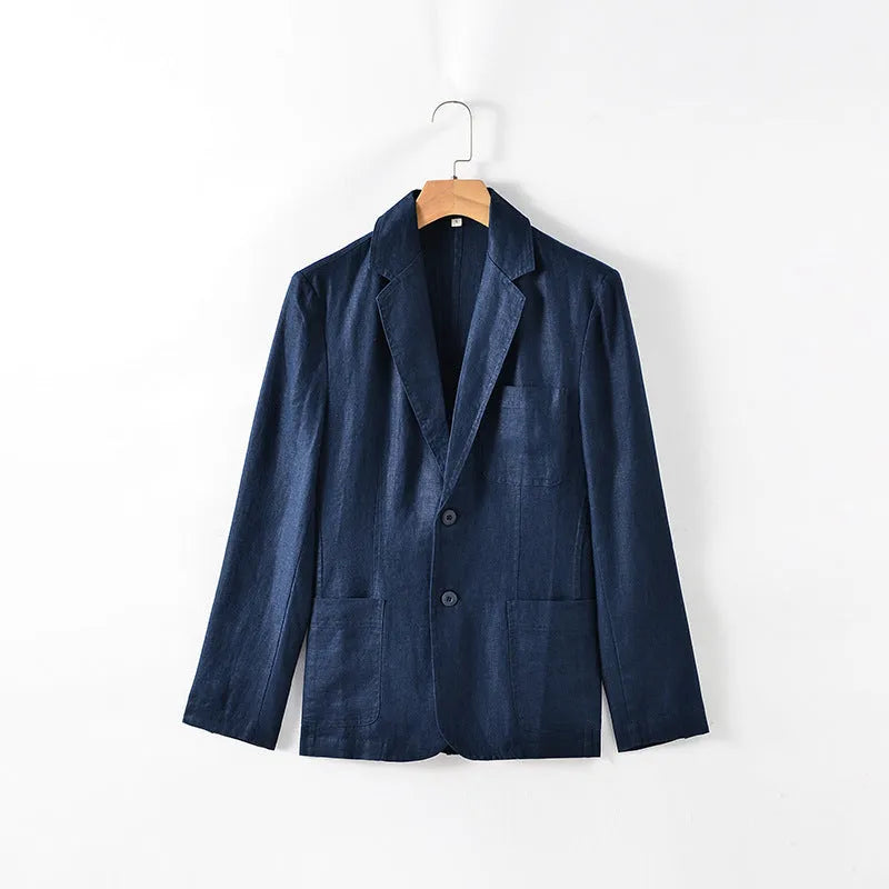Men's solid colour linen suit coat with a stick pocket on a hanger.