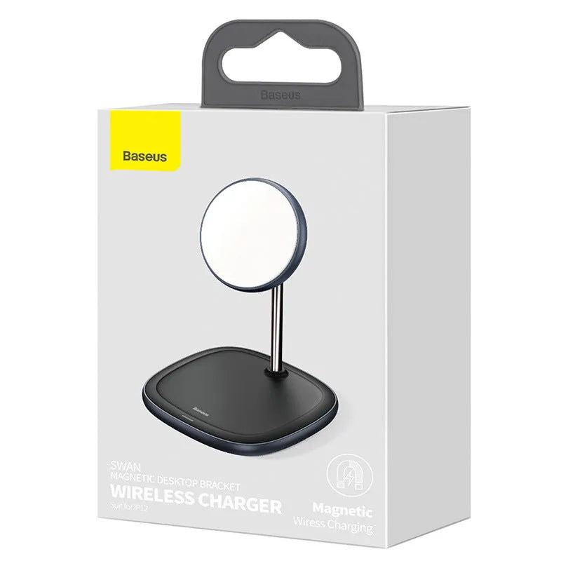 Swan magnetic wireless charging stand for iPhone 12 in black or white colour with Type-C cable