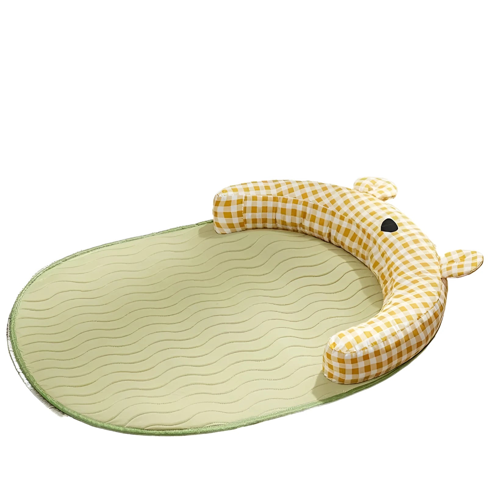 Green and yellow reversible dog cooling mat showing both sides, with size options S M L XL.