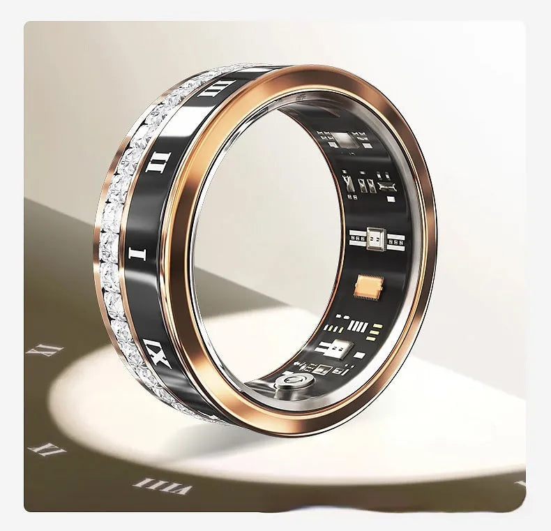 Diamond inlaid smart ring in silver and gold colours showing health monitoring capabilities
