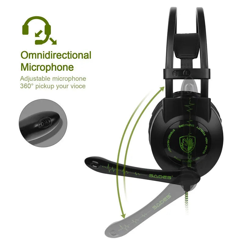 Green wired gaming headset with USB plug, ear-hook design, and microphone